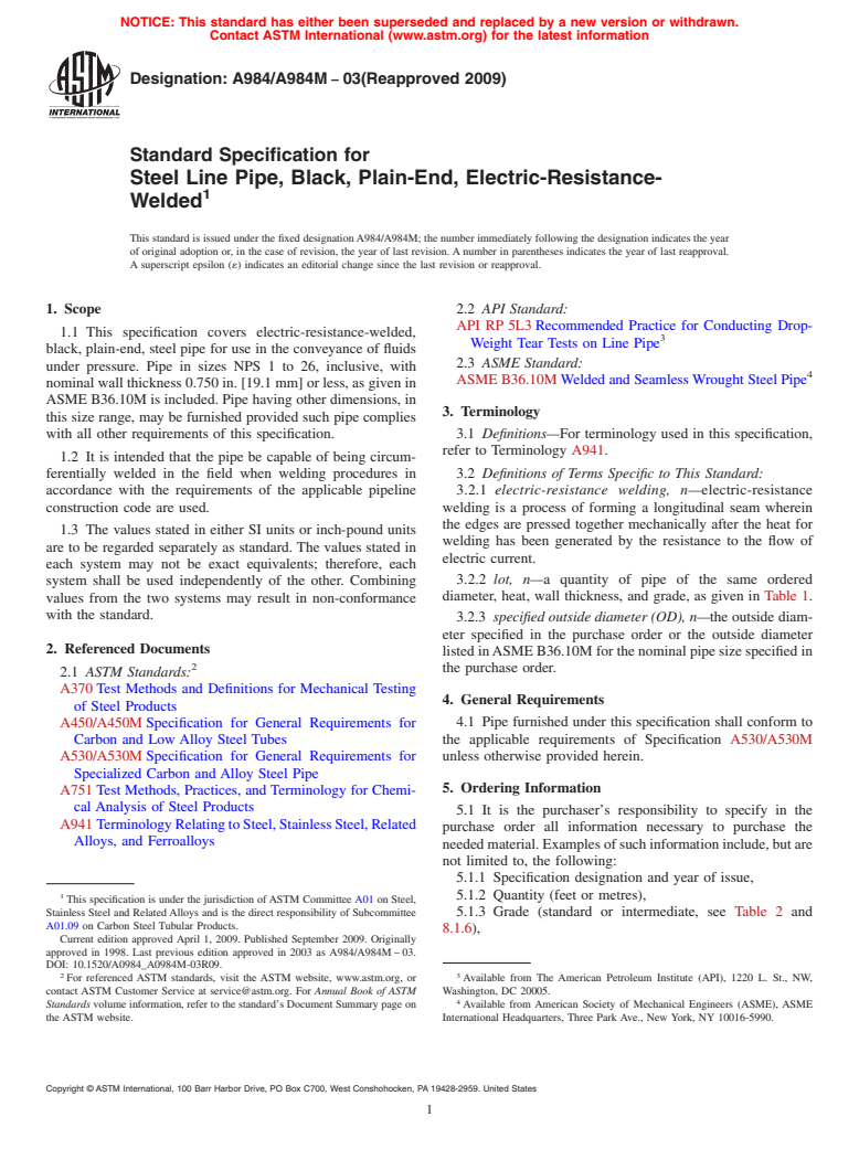 ASTM A984/A984M-03(2009) - Standard Specification for Steel Line Pipe, Black, Plain-End, Electric-Resistance-Welded (Withdrawn 2014)