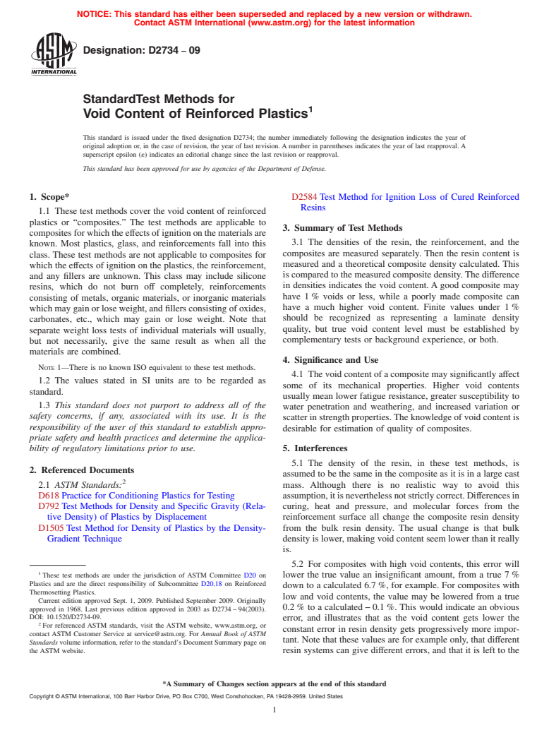 ASTM D2734-09 - Standard Test Methods for Void Content of Reinforced Plastics