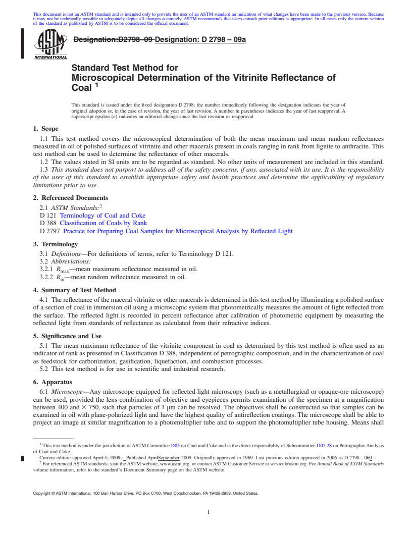 REDLINE ASTM D2798-09a - Standard Test Method for Microscopical Determination of the Vitrinite Reflectance of Coal