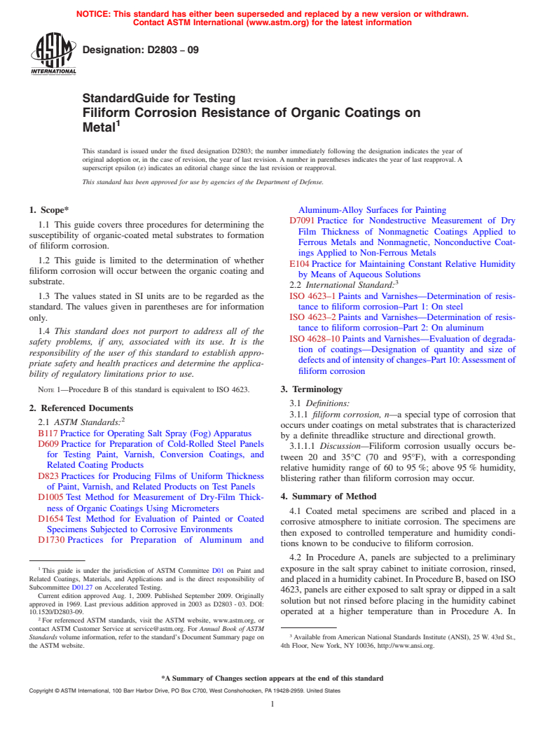 ASTM D2803-09 - Standard Guide for Testing Filiform Corrosion Resistance of Organic Coatings on Metal