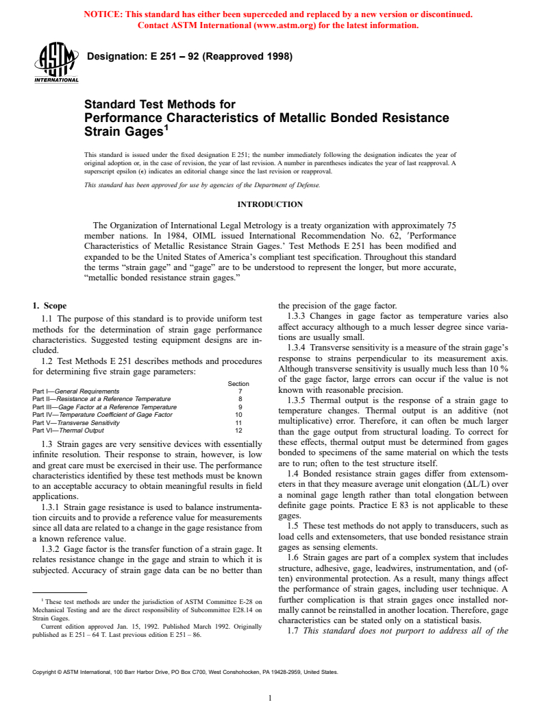 ASTM E251-92(1998) - Standard Test Methods for Performance Characteristics of Metallic Bonded Resistance Strain Gages