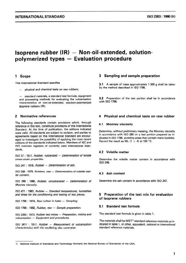 ISO 2303:1990 - Isoprene rubber (IR) -- Non-oil-extended, solution-polymerized types -- Evaluation procedure