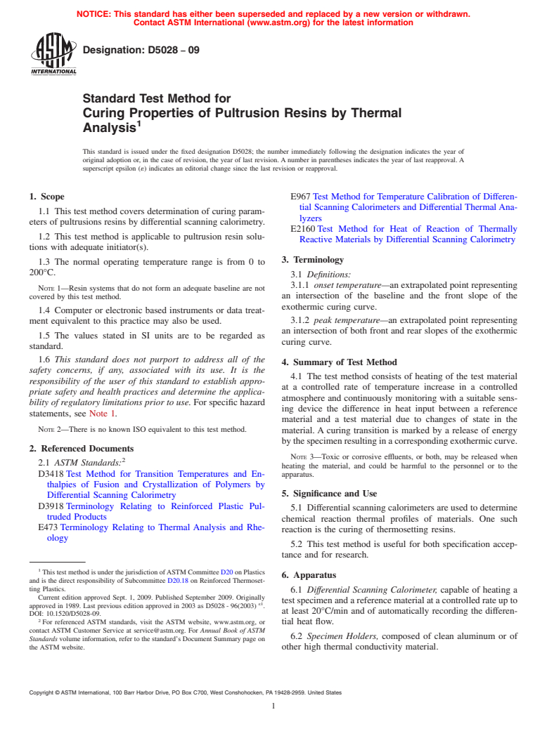 ASTM D5028-09 - Standard Test Method for Curing Properties of Pultrusion Resins by Thermal Analysis