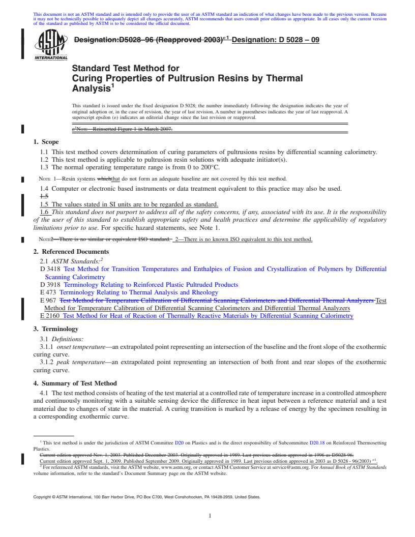 REDLINE ASTM D5028-09 - Standard Test Method for Curing Properties of Pultrusion Resins by Thermal Analysis