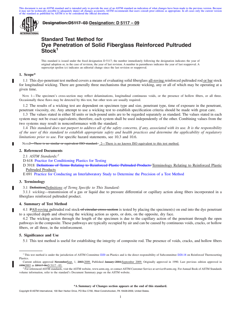 REDLINE ASTM D5117-09 - Standard Test Method for Dye Penetration of Solid Fiberglass Reinforced Pultruded Stock