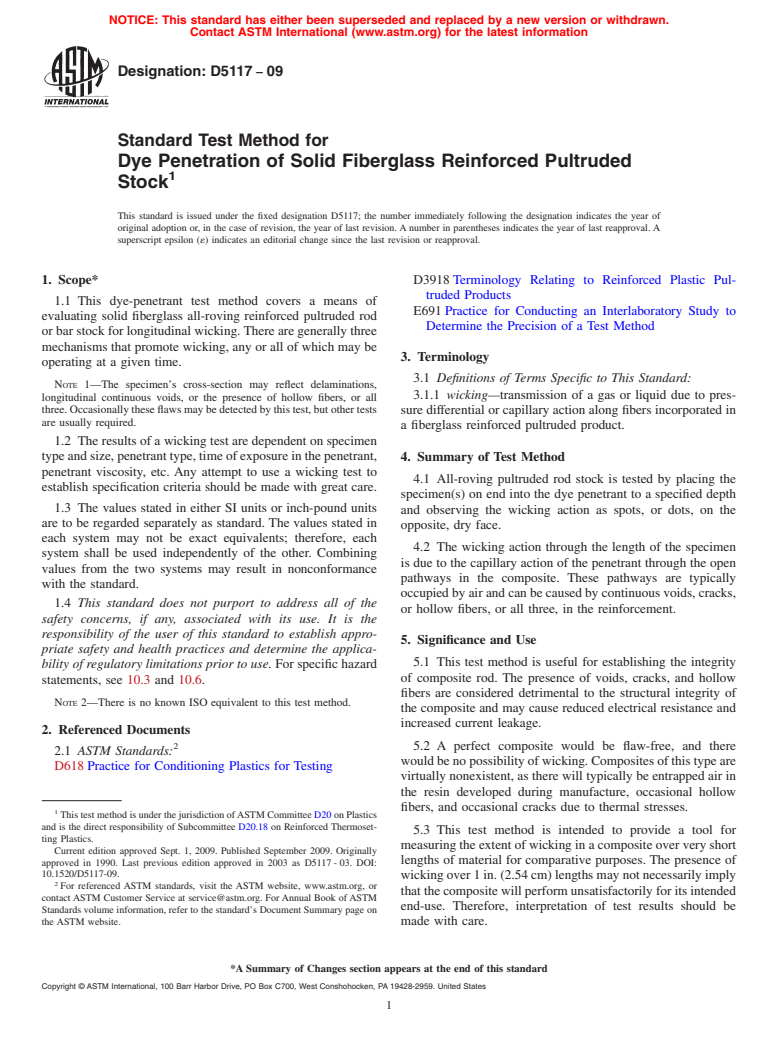 ASTM D5117-09 - Standard Test Method for Dye Penetration of Solid Fiberglass Reinforced Pultruded Stock