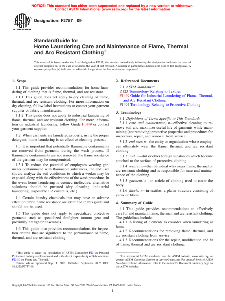ASTM F2757-09 - Standard Guide for Home Laundering Care and Maintenance of Flame, Thermal and Arc Resistant Clothing
