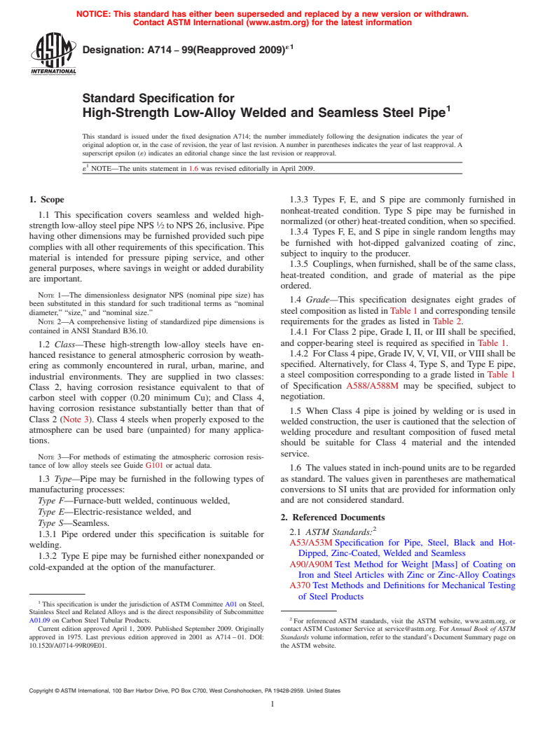 ASTM A714-99(2009)e1 - Standard Specification for High-Strength Low-Alloy Welded and Seamless Steel Pipe (Withdrawn 2014)