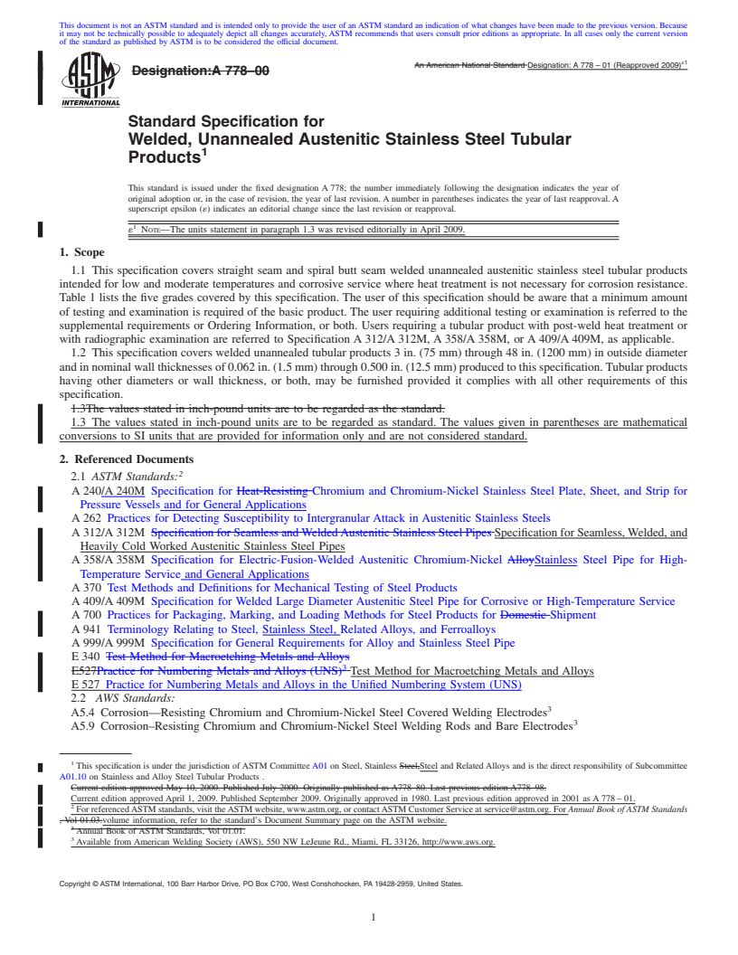 REDLINE ASTM A778-01(2009)e1 - Standard Specification for Welded, Unannealed Austenitic Stainless Steel Tubular Products