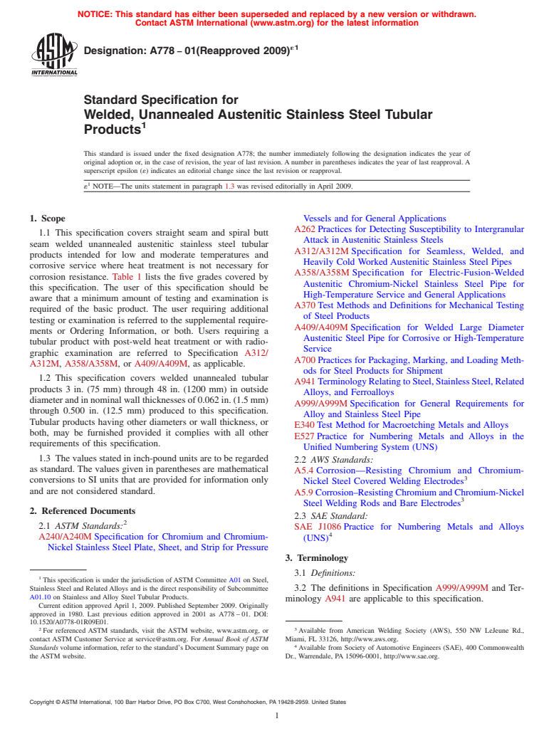 ASTM A778-01(2009)e1 - Standard Specification for Welded, Unannealed Austenitic Stainless Steel Tubular Products