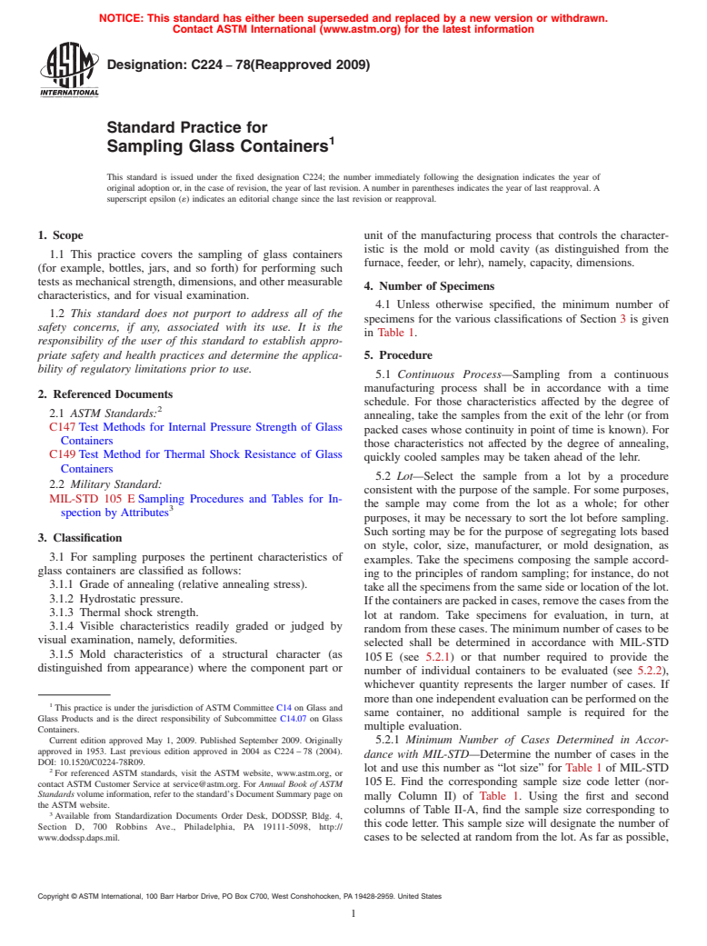 ASTM C224-78(2009) - Standard Practice for Sampling Glass Containers
