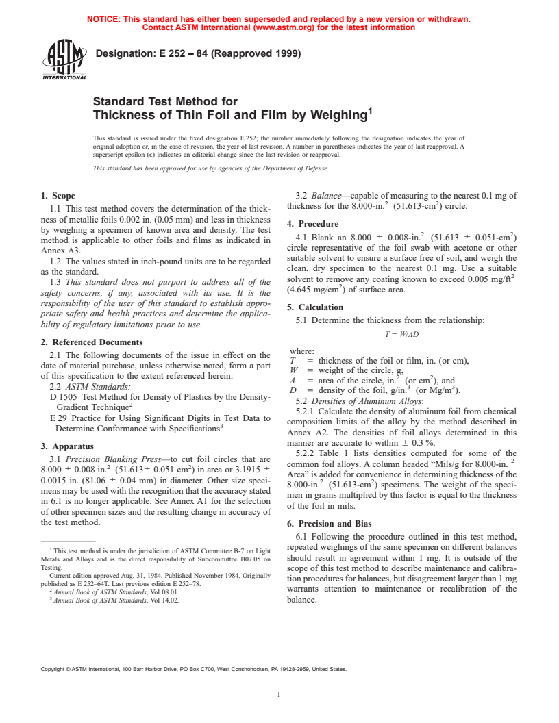 ASTM E252-84(1999) - Standard Test Method for Thickness of Thin Foil and Film by Weighing