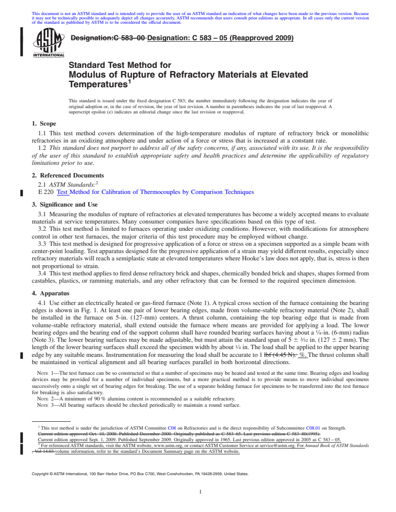 REDLINE ASTM C583-05(2009) - Standard Test Method for Modulus of Rupture of Refractory Materials at Elevated Temperatures