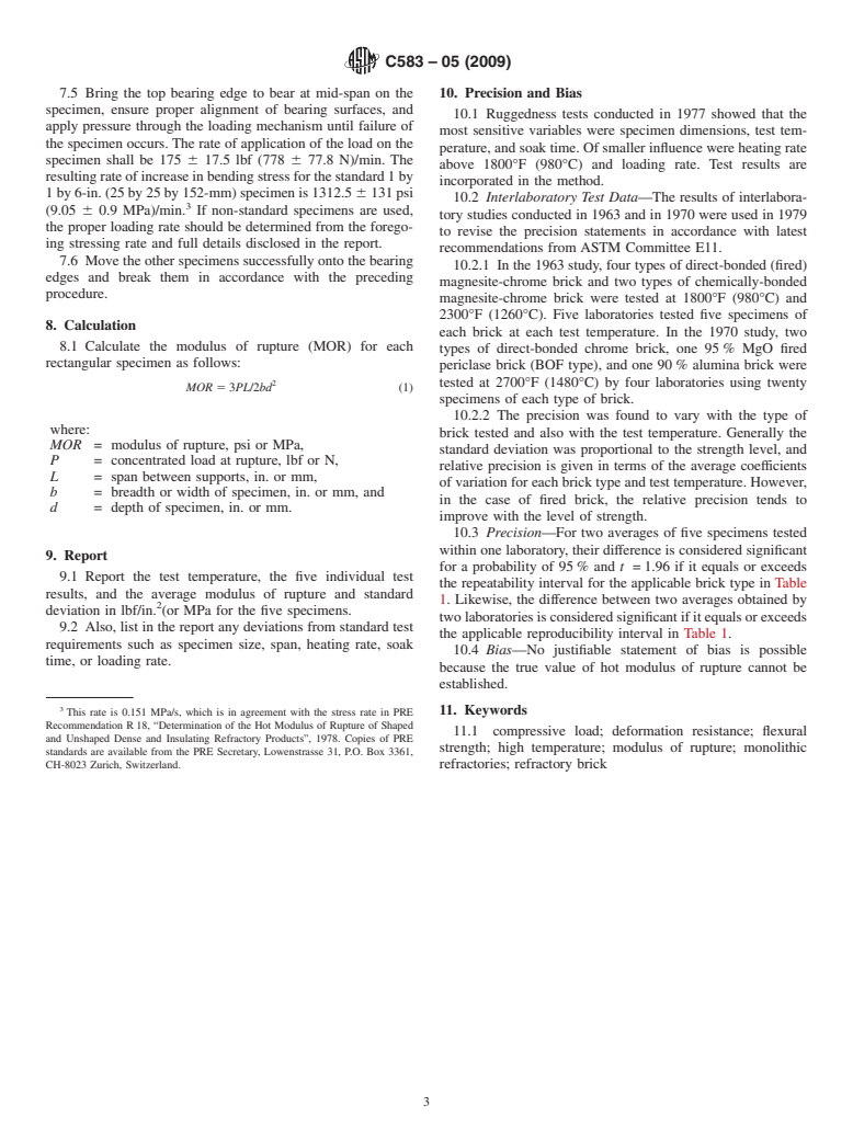 ASTM C583-05(2009) - Standard Test Method for Modulus of Rupture of Refractory Materials at Elevated Temperatures