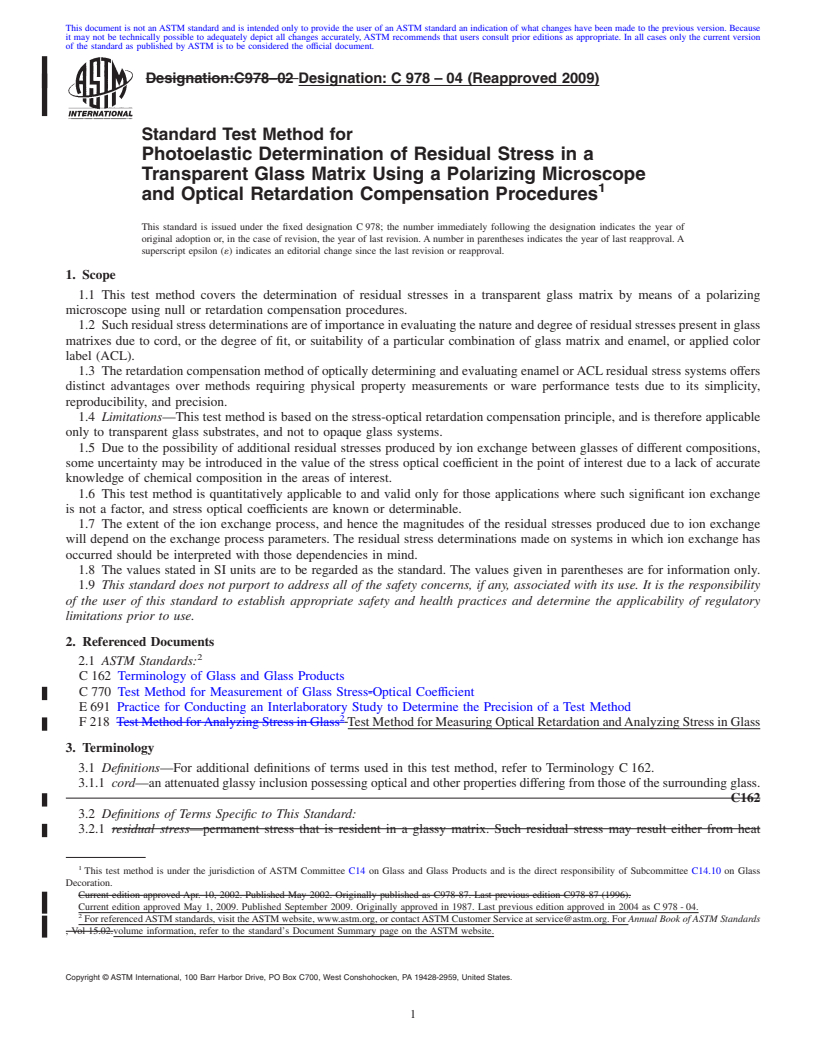 REDLINE ASTM C978-04(2009) - Standard Test Method for Photoelastic Determination of Residual Stress in a Transparent Glass Matrix Using a Polarizing Microscope and Optical Retardation Compensation Procedures