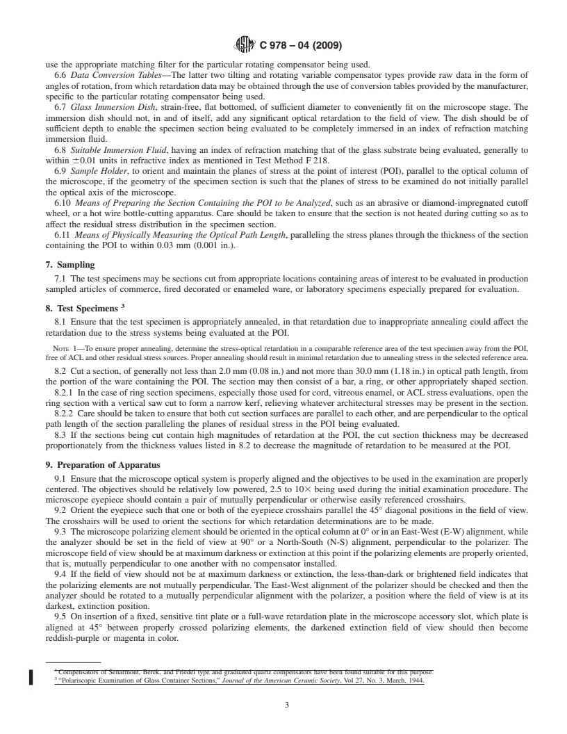 REDLINE ASTM C978-04(2009) - Standard Test Method for Photoelastic Determination of Residual Stress in a Transparent Glass Matrix Using a Polarizing Microscope and Optical Retardation Compensation Procedures