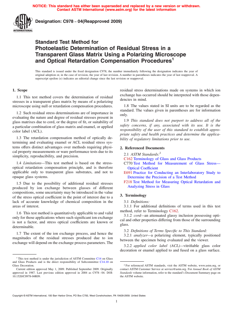 ASTM C978-04(2009) - Standard Test Method for Photoelastic Determination of Residual Stress in a Transparent Glass Matrix Using a Polarizing Microscope and Optical Retardation Compensation Procedures