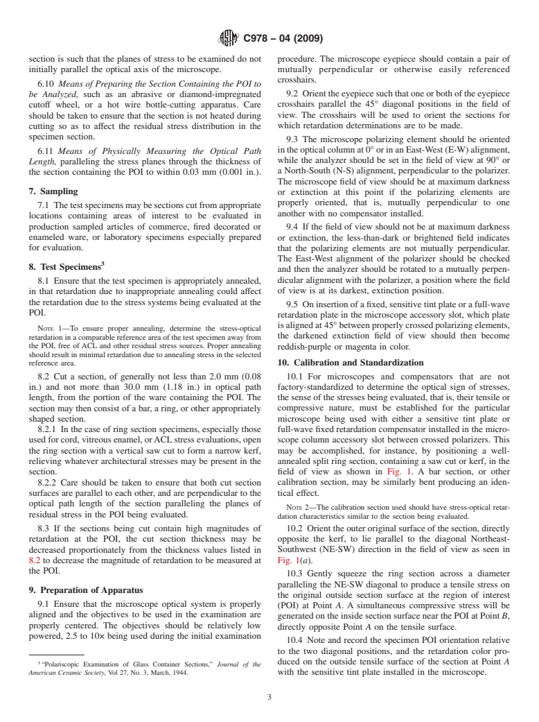 ASTM C978-04(2009) - Standard Test Method for Photoelastic Determination of Residual Stress in a Transparent Glass Matrix Using a Polarizing Microscope and Optical Retardation Compensation Procedures