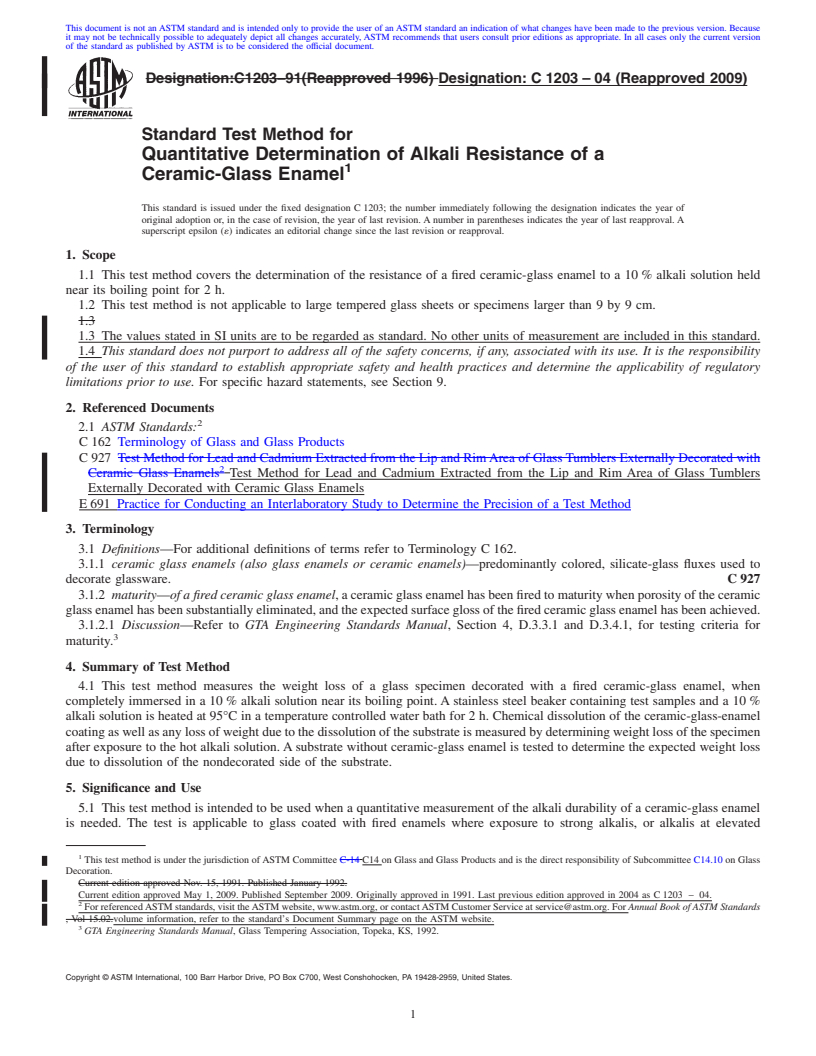 REDLINE ASTM C1203-04(2009) - Standard Test Method for Quantitative Determination of Alkali Resistance of a Ceramic-Glass Enamel