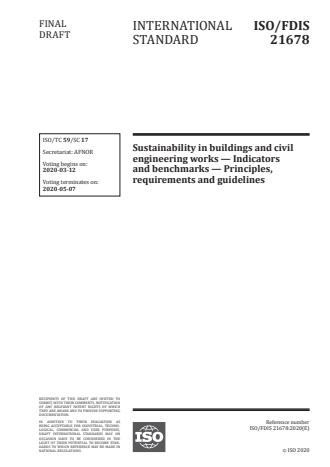 ISO 21678:2020 - Sustainability in buildings and civil engineering works -- Indicators and benchmarks -- Principles, requirements and guidelines