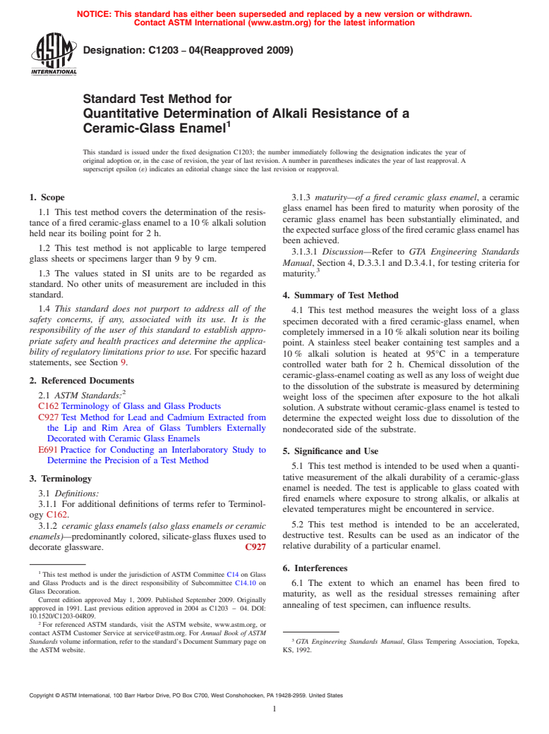 ASTM C1203-04(2009) - Standard Test Method for Quantitative Determination of Alkali Resistance of a Ceramic-Glass Enamel