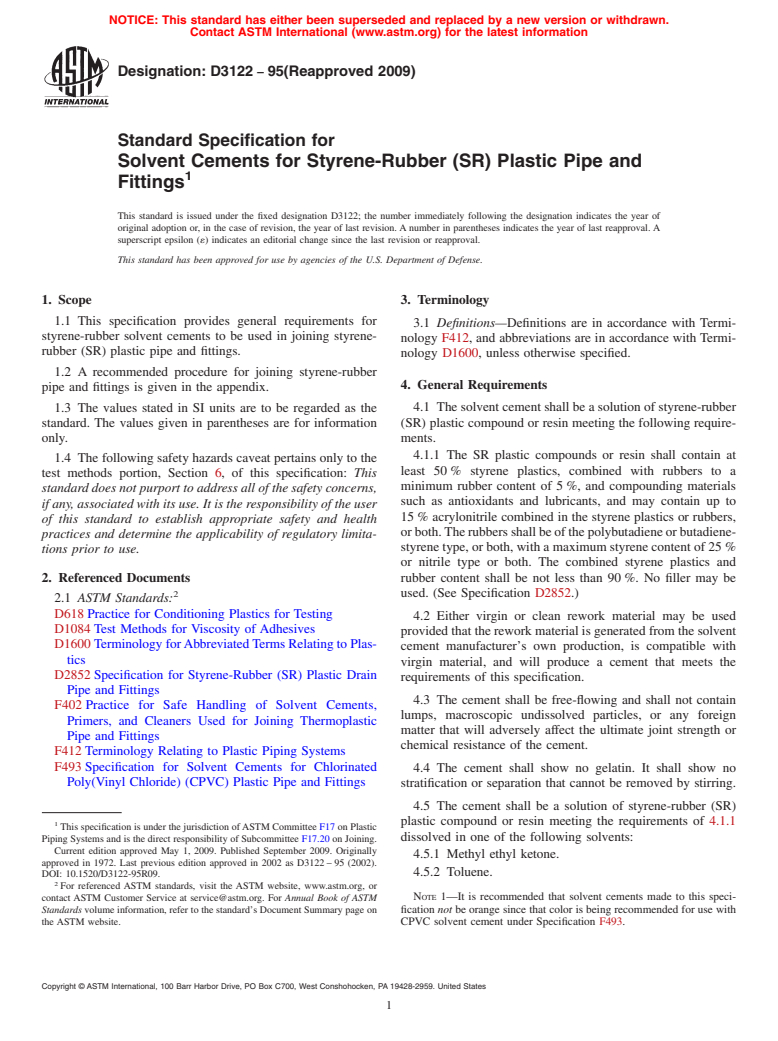 ASTM D3122-95(2009) - Standard Specification for Solvent Cements for Styrene-Rubber (SR) Plastic Pipe and Fittings