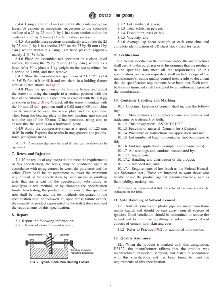 ASTM D3122-95(2009) - Standard Specification for Solvent Cements for Styrene-Rubber (SR) Plastic Pipe and Fittings