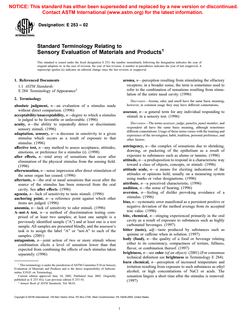 ASTM E253-02 - Standard Terminology Relating to Sensory Evaluation of Materials and Products