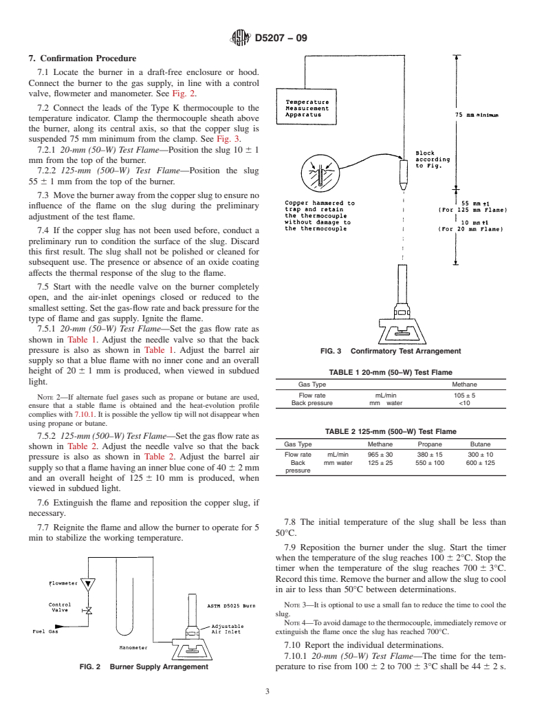 ASTM D5207-09 - Standard Practice for Confirmation of 20-mm (50-W) and 125-mm (500-W) Test Flames for Small-Scale Burning Tests on Plastic Materials