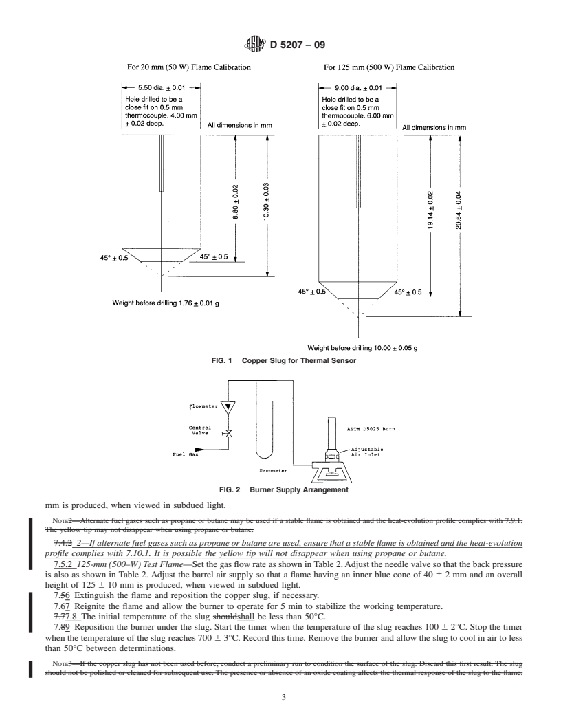 REDLINE ASTM D5207-09 - Standard Practice for Confirmation of 20-mm (50-W) and 125-mm (500-W) Test Flames for Small-Scale Burning Tests on Plastic Materials