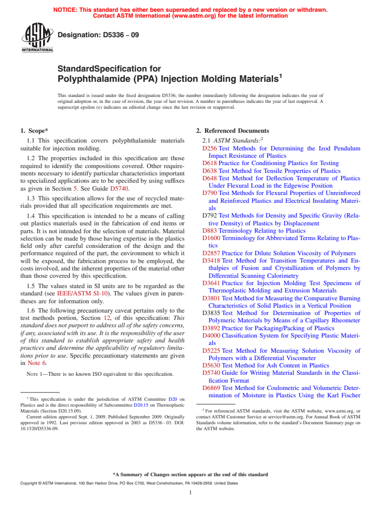 ASTM D5336-09 - Standard Specification for Polyphthalamide (PPA) Injection Molding Materials