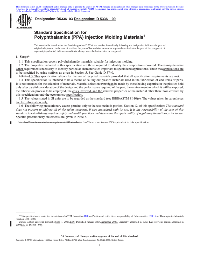 REDLINE ASTM D5336-09 - Standard Specification for Polyphthalamide (PPA) Injection Molding Materials