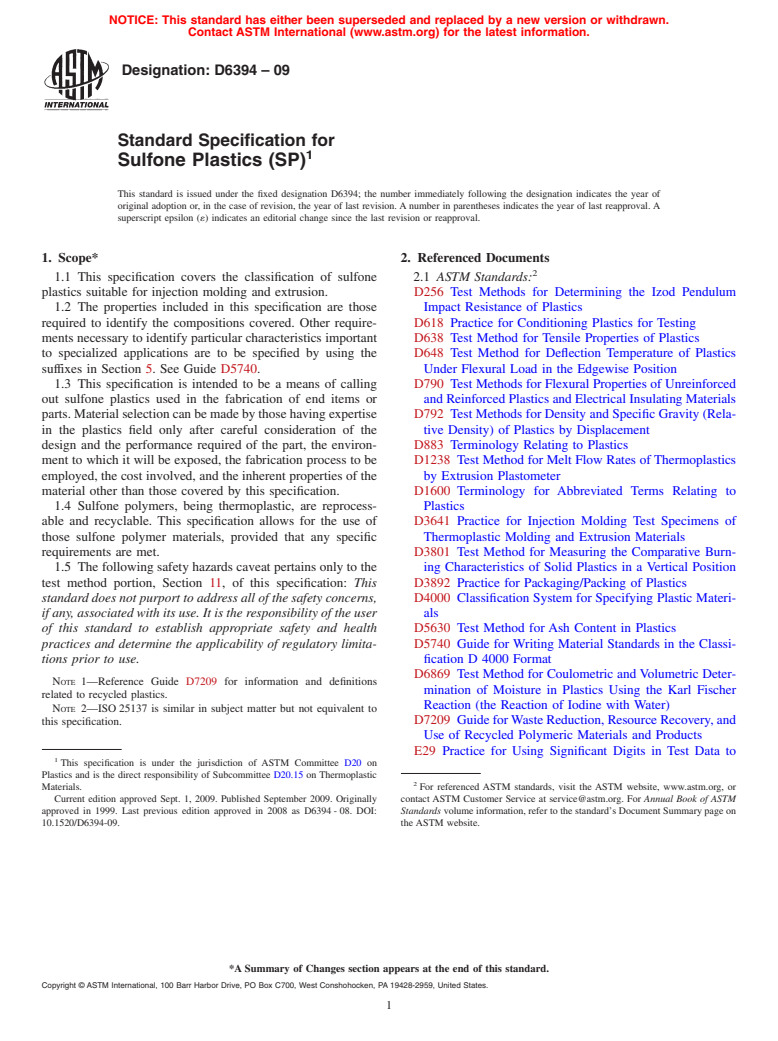 ASTM D6394-09 - Standard Specification for Sulfone Plastics (SP)