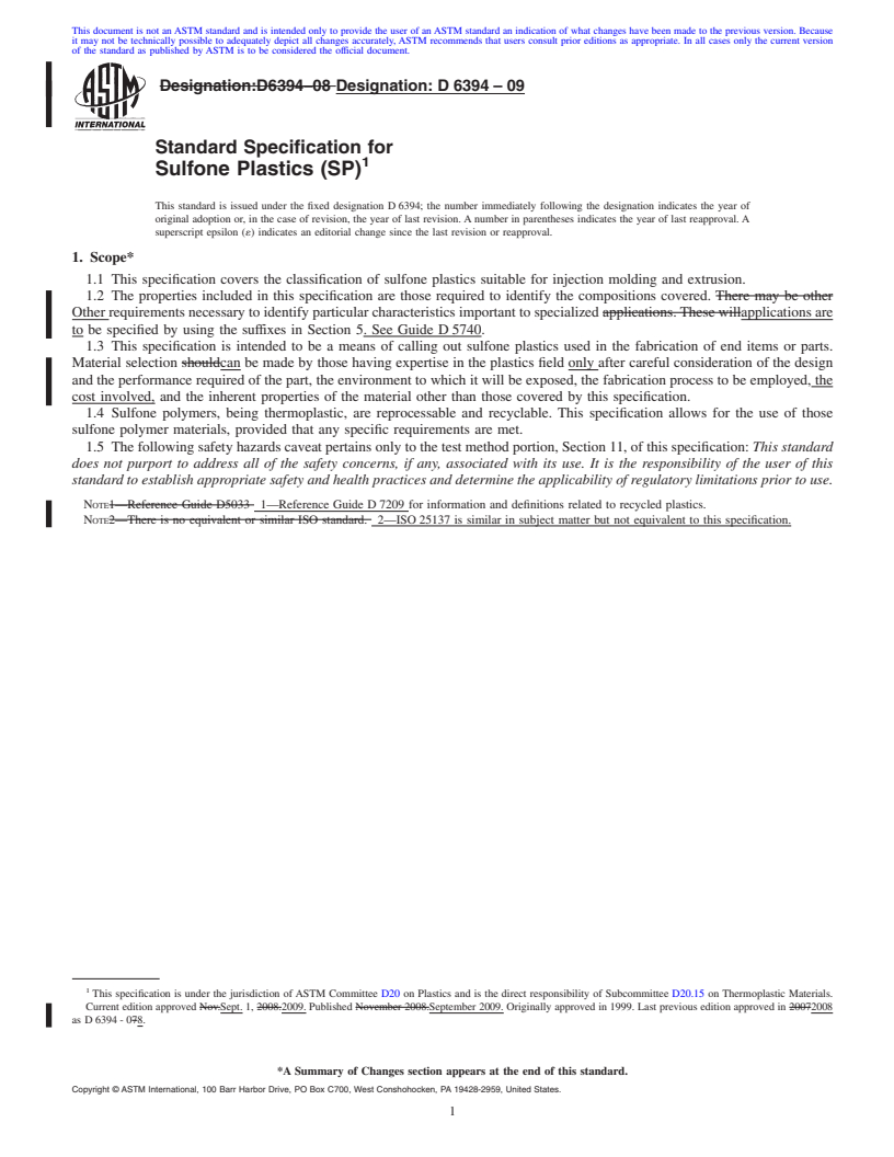 REDLINE ASTM D6394-09 - Standard Specification for Sulfone Plastics (SP)