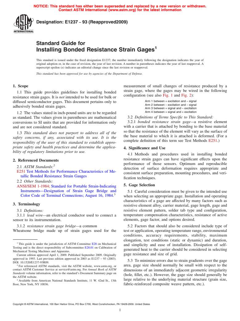 ASTM E1237-93(2009) - Standard Guide for Installing Bonded Resistance Strain Gages