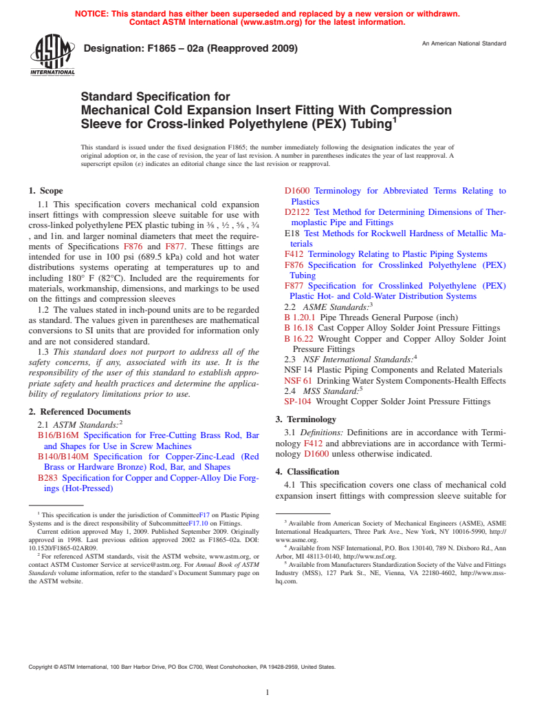 ASTM F1865-02a(2009) - Standard Specification for Mechanical Cold Expansion Insert Fitting With Compression Sleeve for Cross-linked Polyethylene (PEX) Tubing