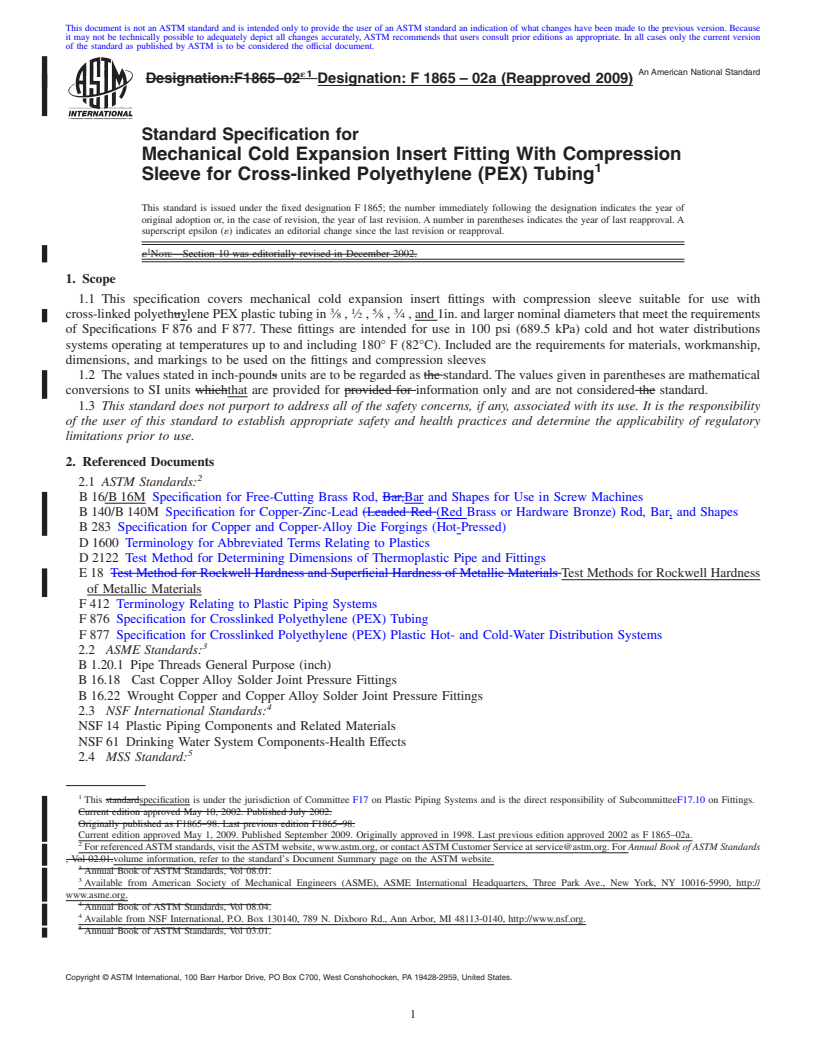 REDLINE ASTM F1865-02a(2009) - Standard Specification for Mechanical Cold Expansion Insert Fitting With Compression Sleeve for Cross-linked Polyethylene (PEX) Tubing