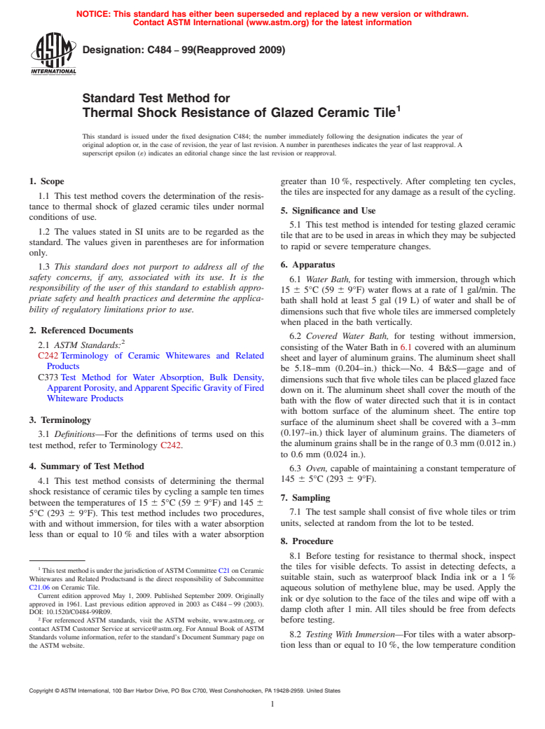 ASTM C484-99(2009) - Standard Test Method for Thermal Shock Resistance of Glazed Ceramic Tile