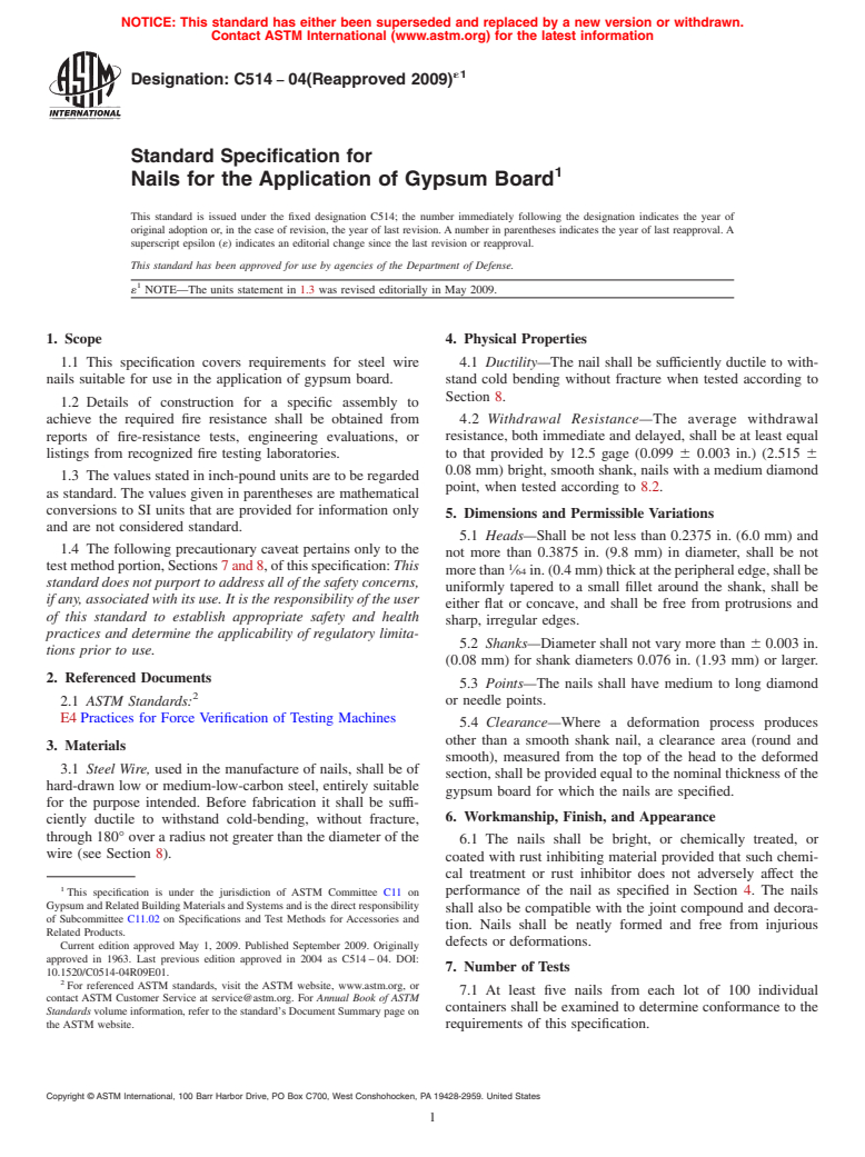 ASTM C514-04(2009)e1 - Standard Specification for Nails for the Application of Gypsum Board