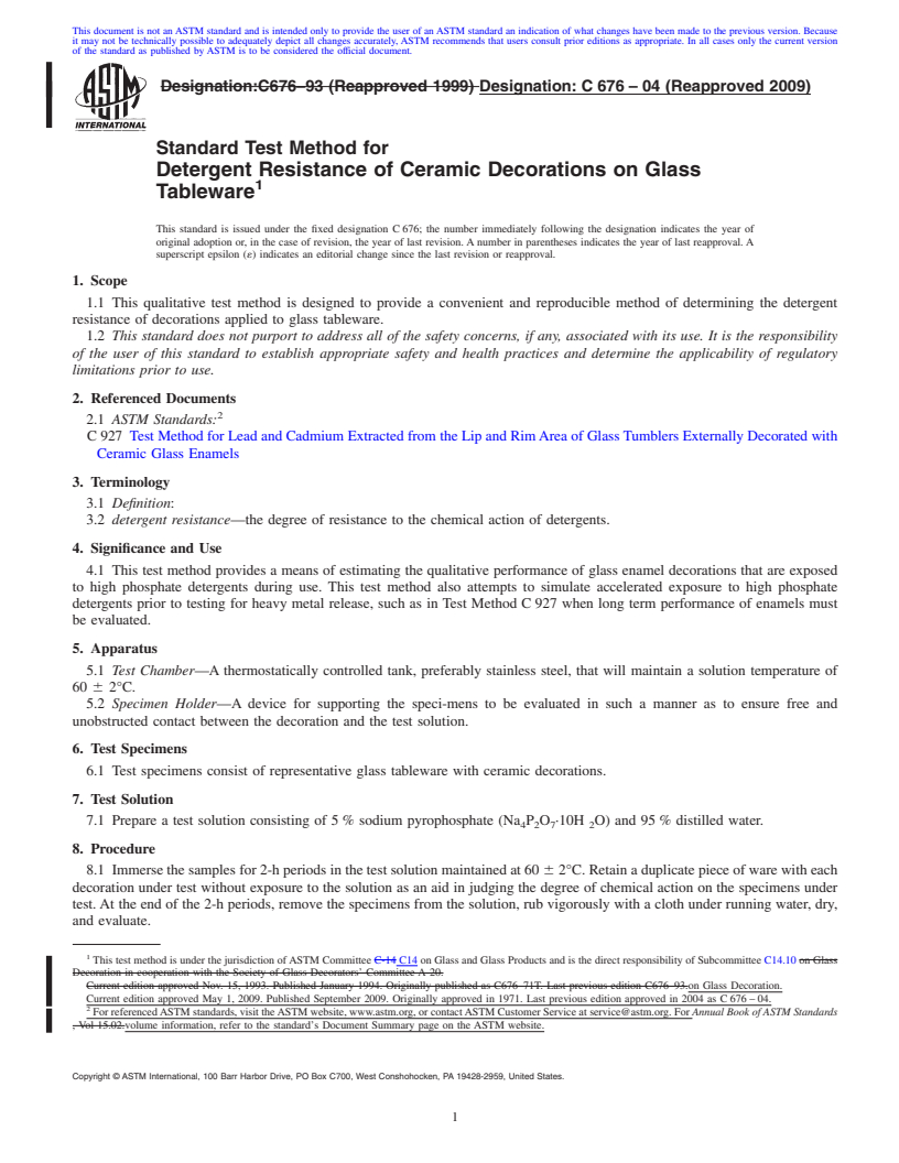 REDLINE ASTM C676-04(2009) - Standard Test Method for Detergent Resistance of Ceramic Decorations on Glass Tableware