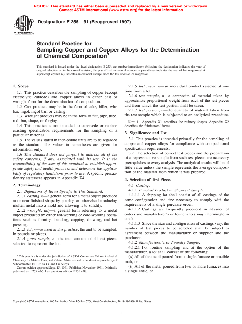 ASTM E255-91(1997) - Standard Practice for Sampling Copper and Copper Alloys for the Determination of Chemical Composition