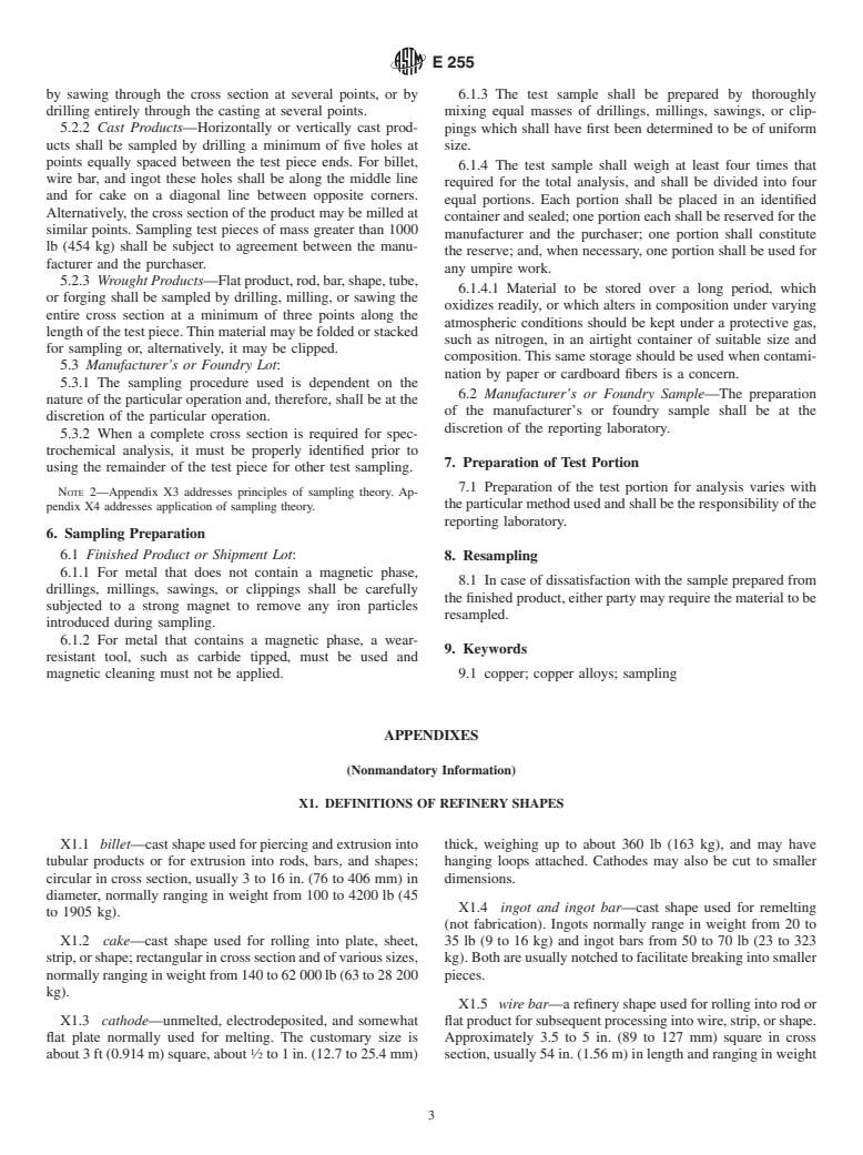 ASTM E255-91(1997) - Standard Practice for Sampling Copper and Copper Alloys for the Determination of Chemical Composition