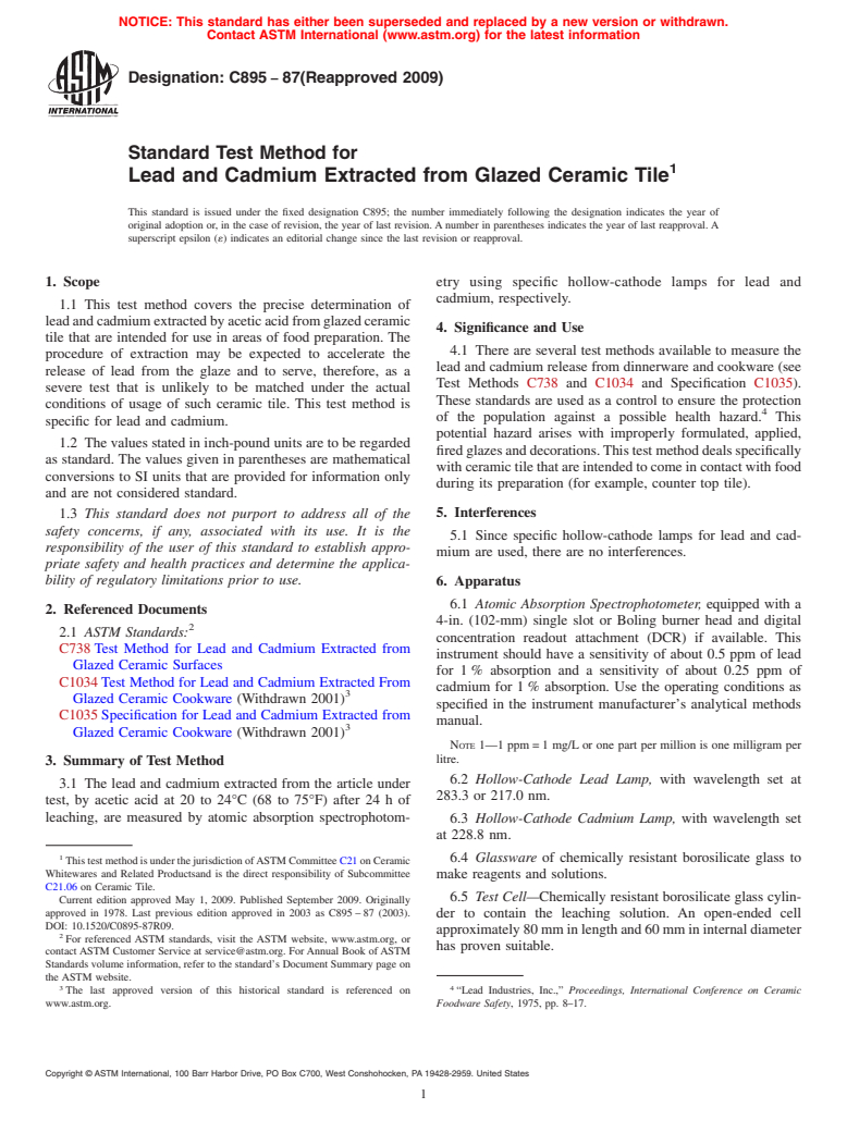 ASTM C895-87(2009) - Standard Test Method for Lead and Cadmium Extracted from Glazed Ceramic Tile