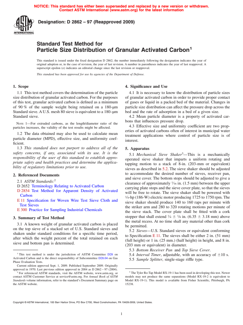 ASTM D2862-97(2009) - Standard Test Method for Particle Size Distribution of Granular Activated Carbon