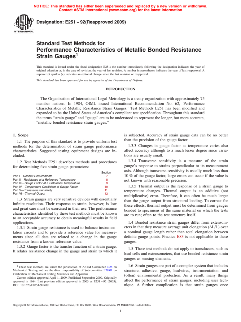 ASTM E251-92(2009) - Standard Test Methods for Performance Characteristics of Metallic Bonded Resistance Strain Gages