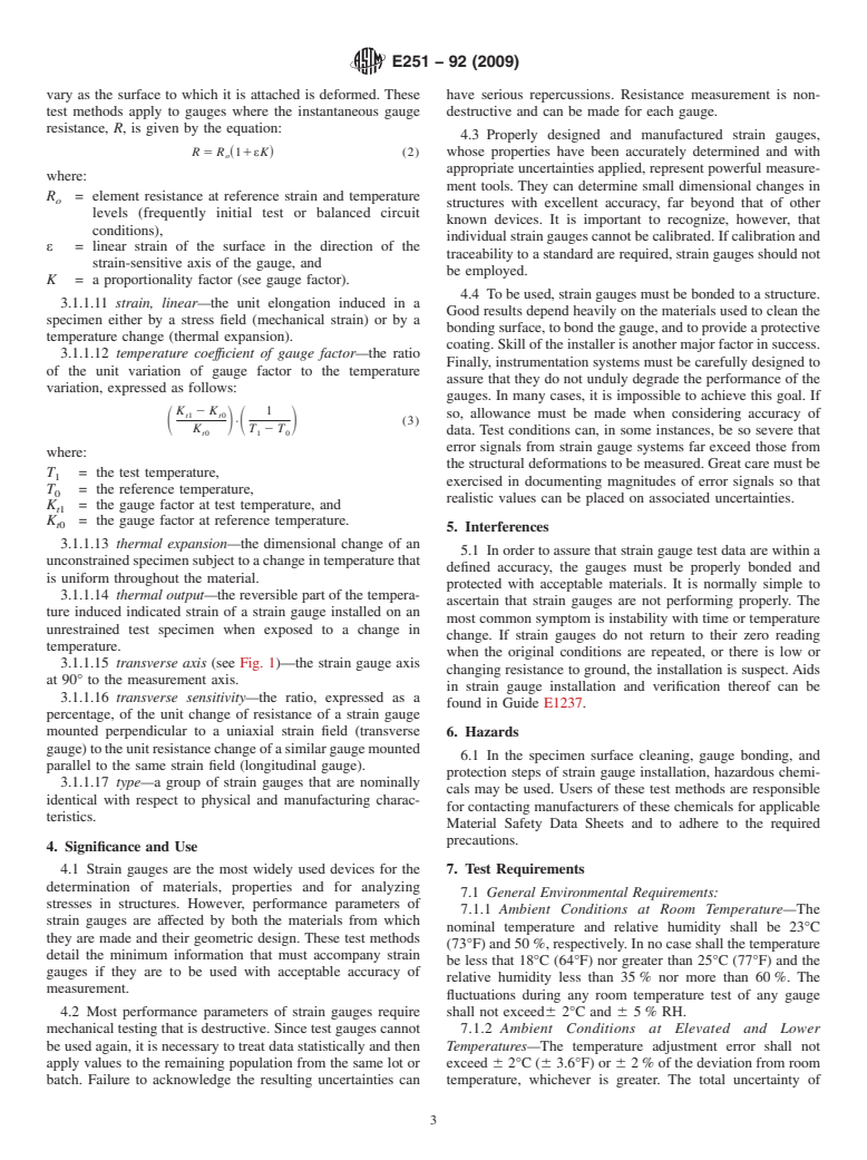 ASTM E251-92(2009) - Standard Test Methods for Performance Characteristics of Metallic Bonded Resistance Strain Gages