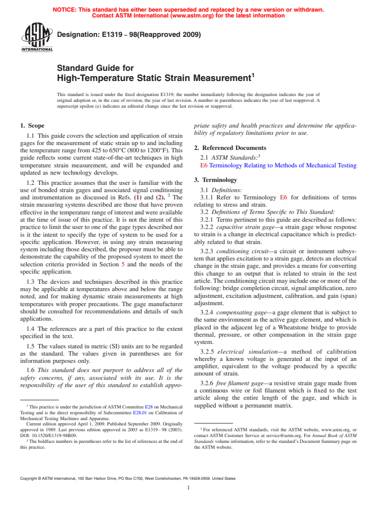 ASTM E1319-98(2009) - Standard Guide for High-Temperature Static Strain Measurement