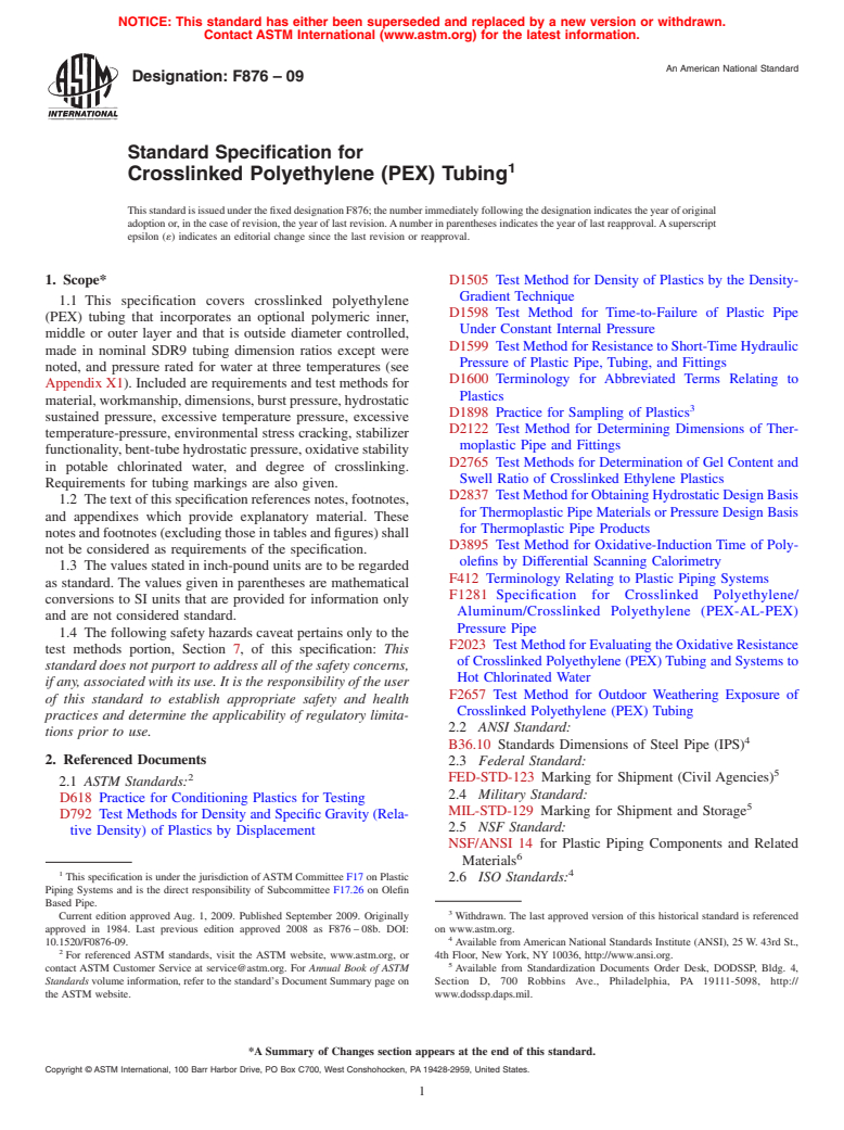 ASTM F876-09 - Standard Specification for  Crosslinked Polyethylene (PEX) Tubing