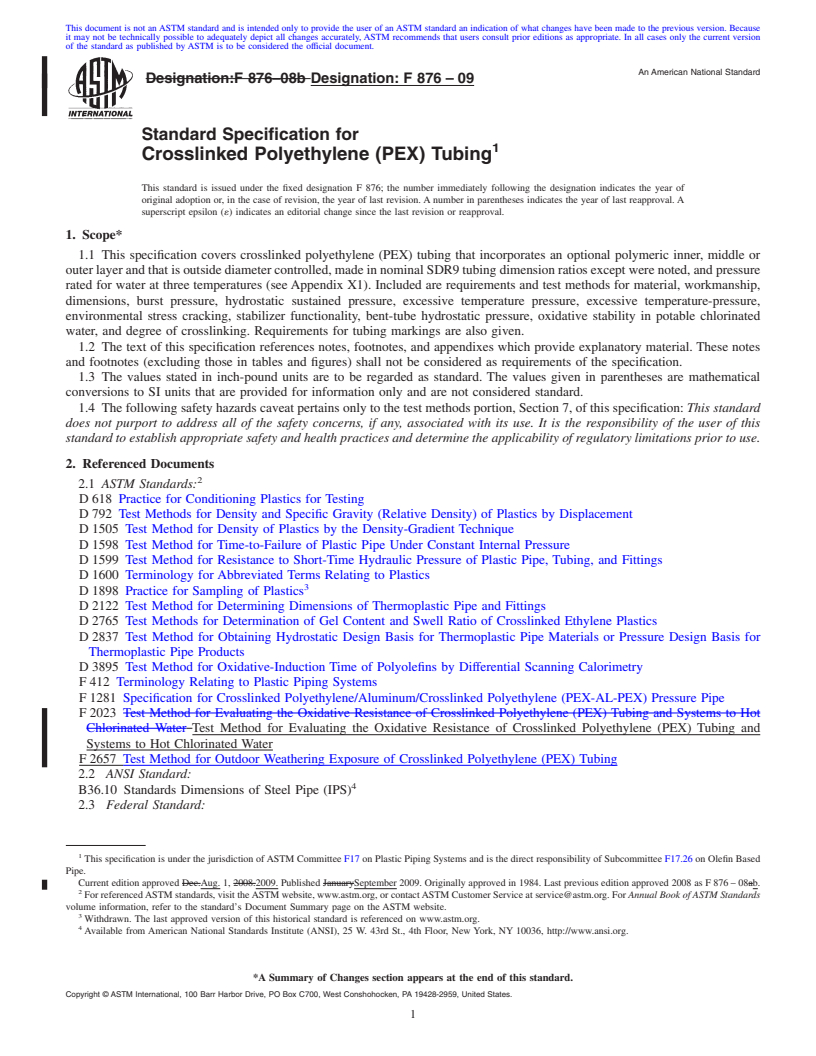 REDLINE ASTM F876-09 - Standard Specification for  Crosslinked Polyethylene (PEX) Tubing