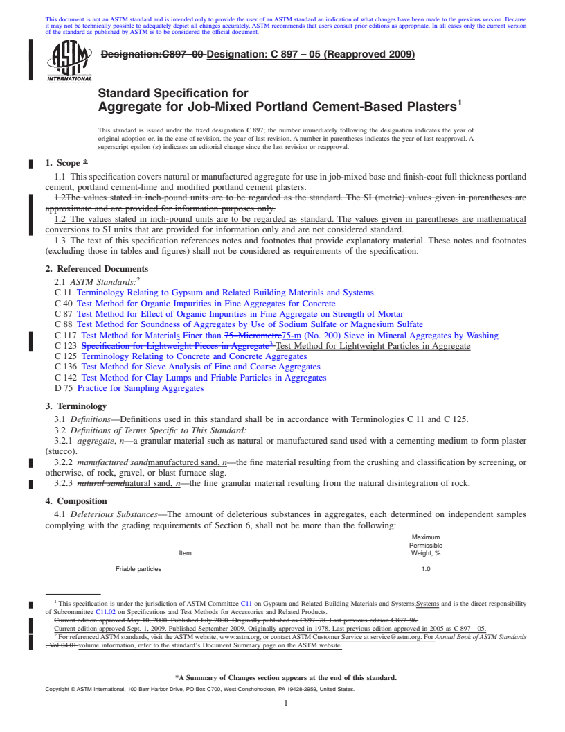 REDLINE ASTM C897-05(2009) - Standard Specification for Aggregate for Job-Mixed Portland Cement-Based Plasters